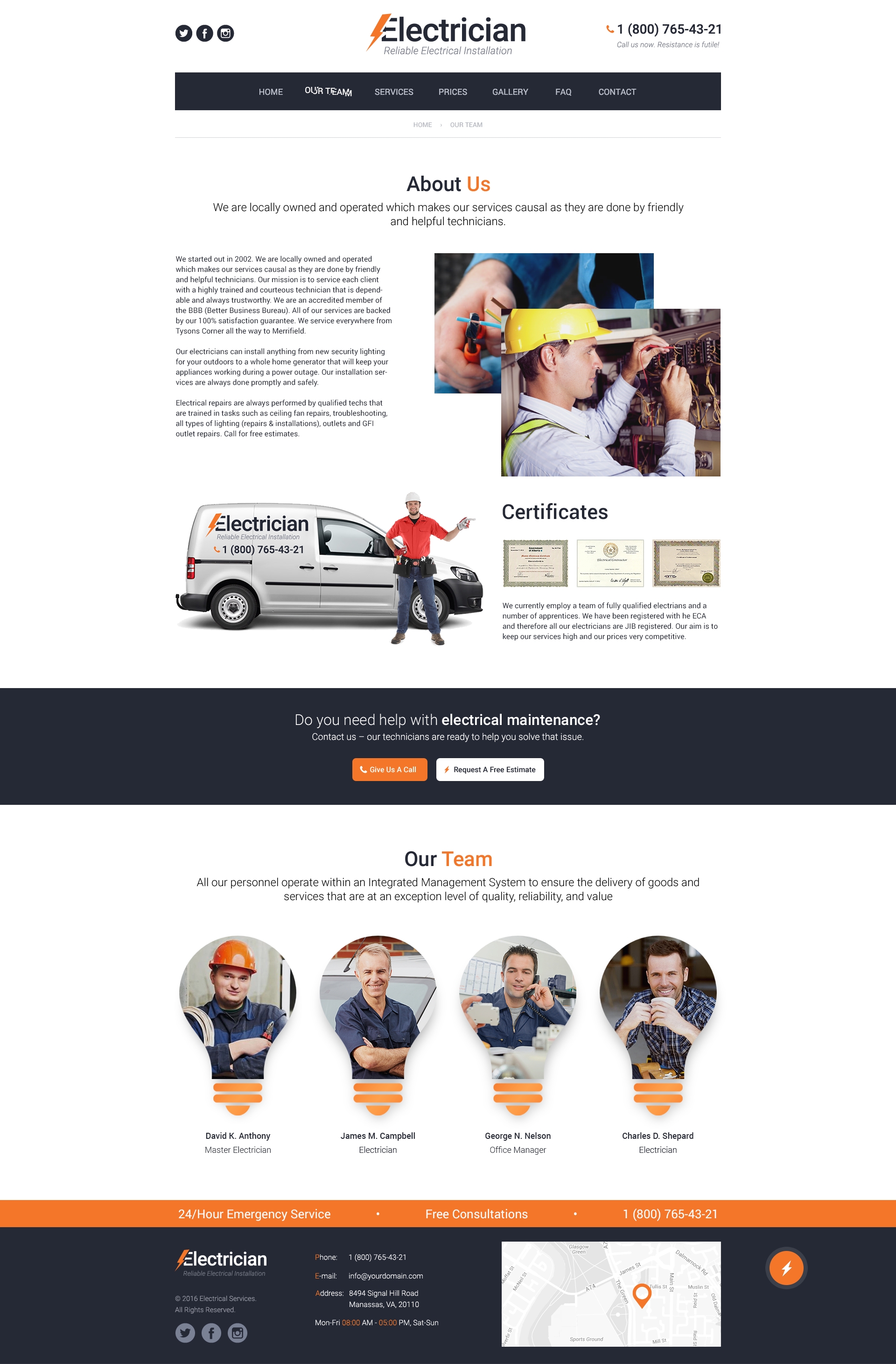 About page preview for Electrician Services free PSD website template