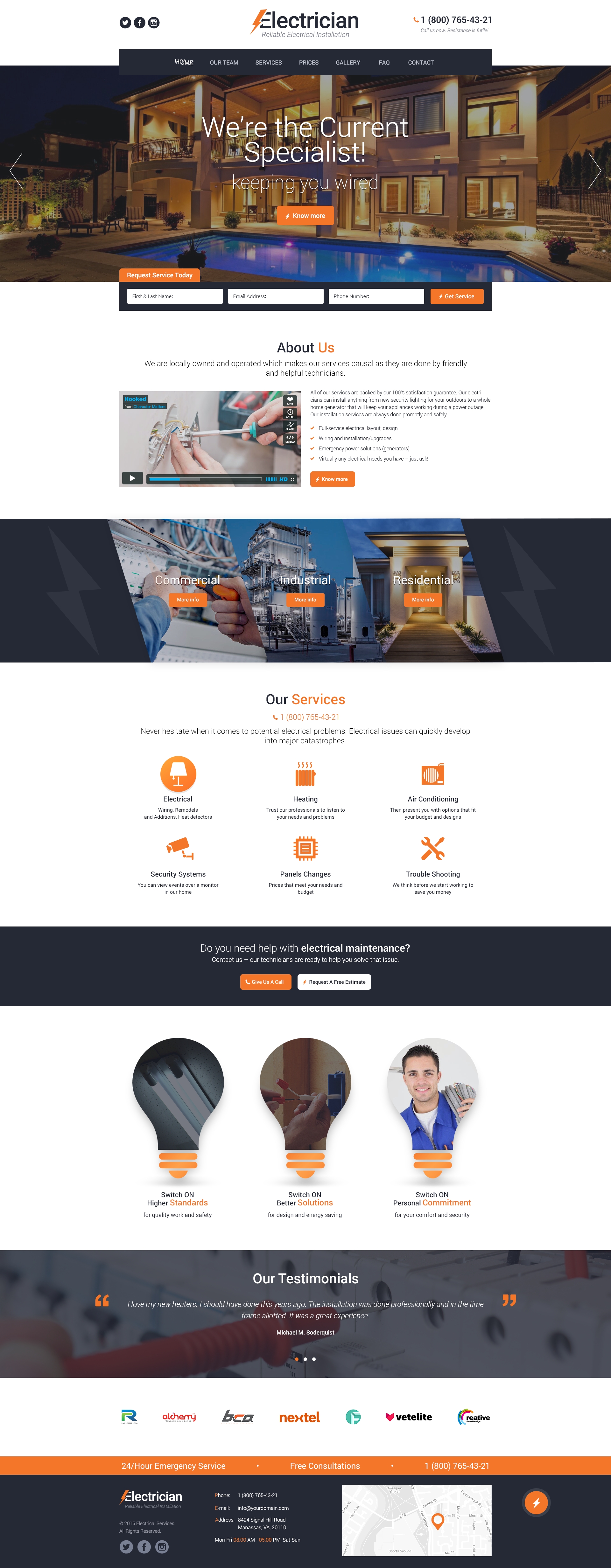 Home Page preview for Electrician Services free PSD website template