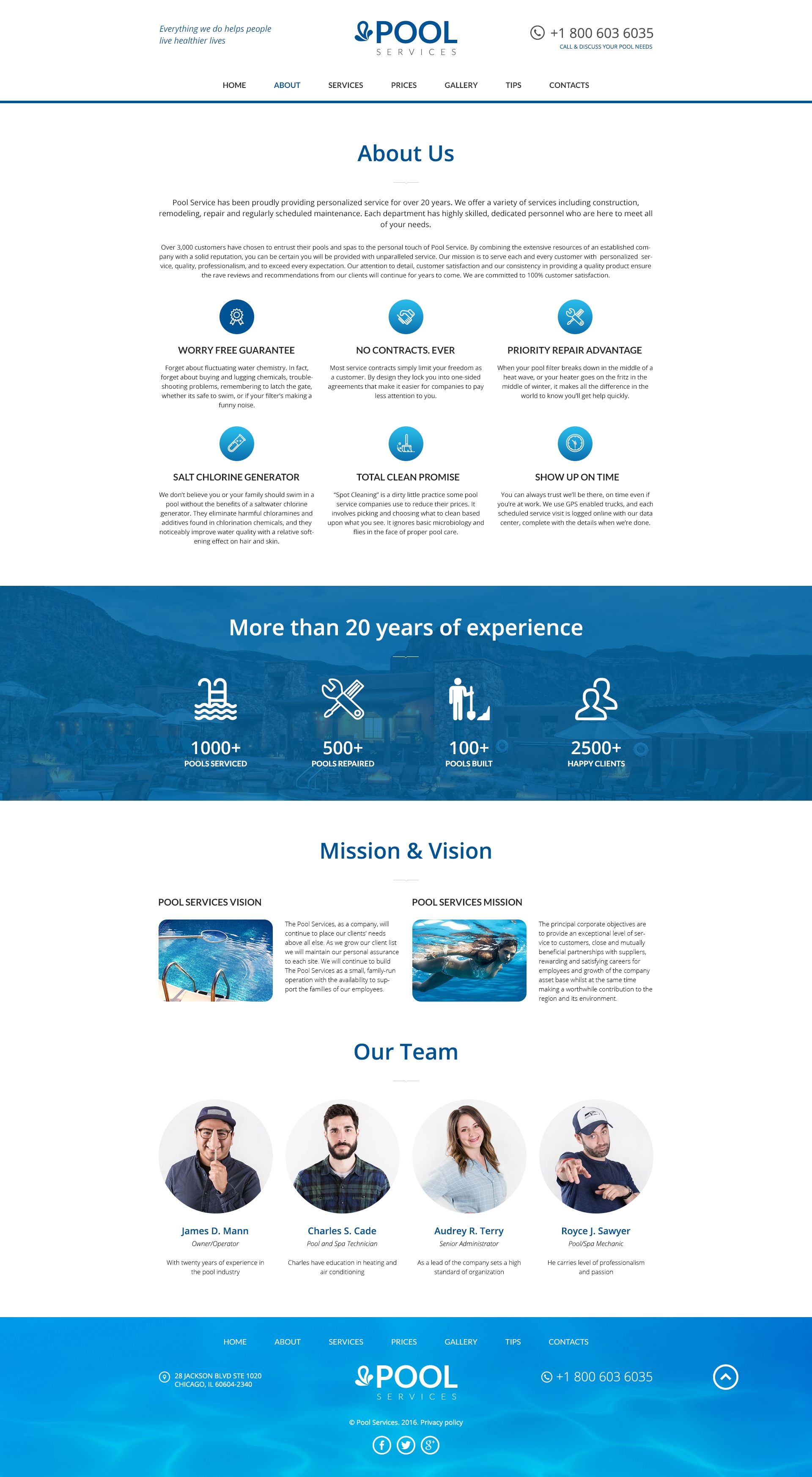 About page preview for Pool Services free PSD website template