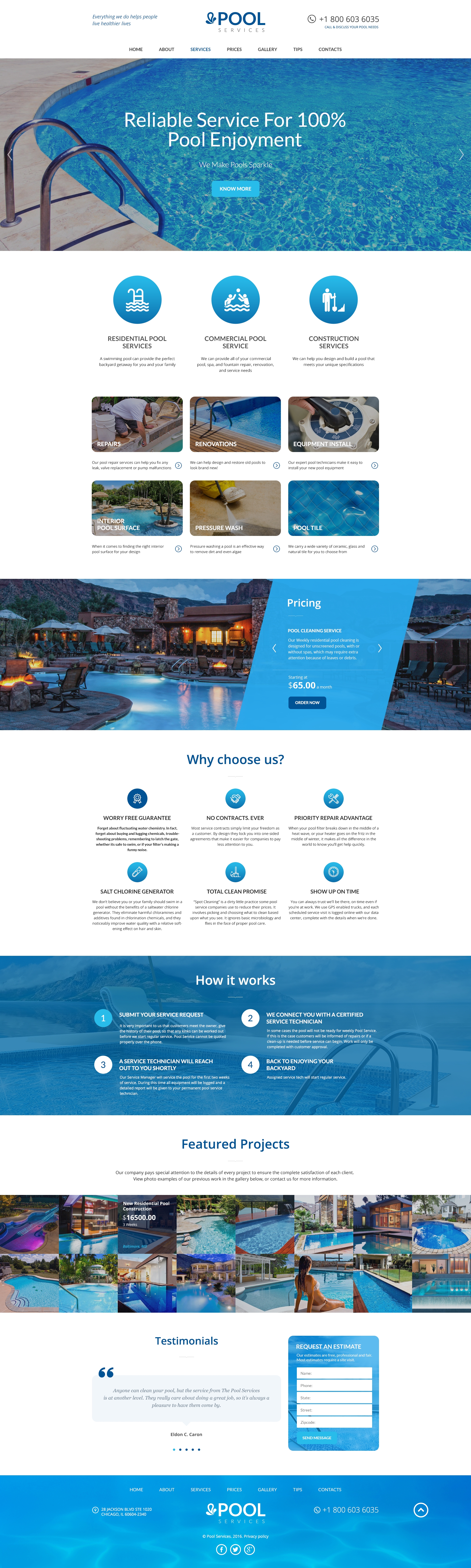 Home Page preview for Pool Services free PSD website template